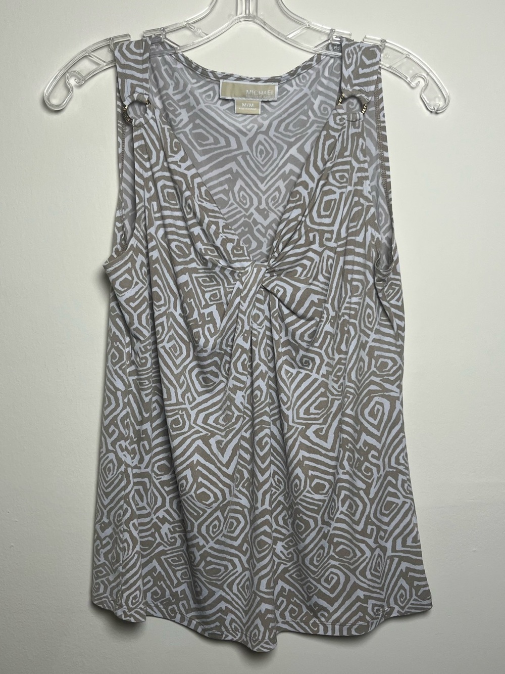 Women/s Michael Kors Sleeveless Twist-Front Geometric Tank Top - Tan/White